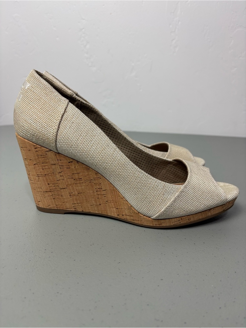 TOMS Women's Neutral Beige Cork Wedge Peep Toe Heels Size 11 Canvas